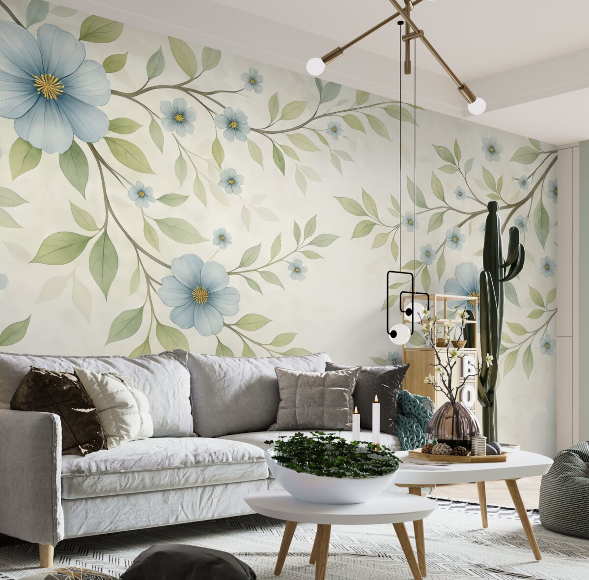 Fototapeta Gałązki z zielonymi liśćmi oraz niebieskimi kwiatami.