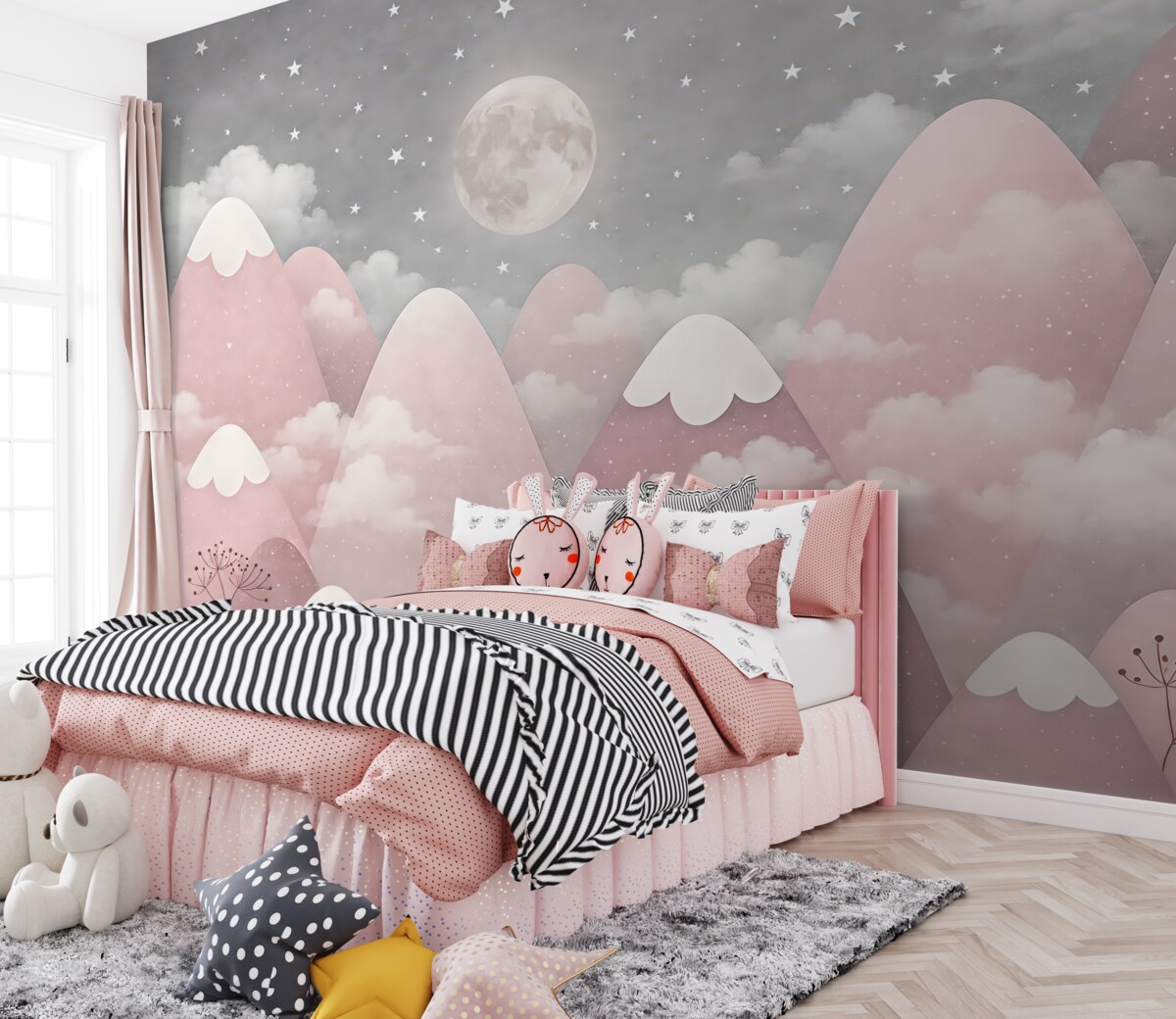 Fototapeta Księżyc nad zaśnieżonymi szczytami – obrazek dla dzieci.