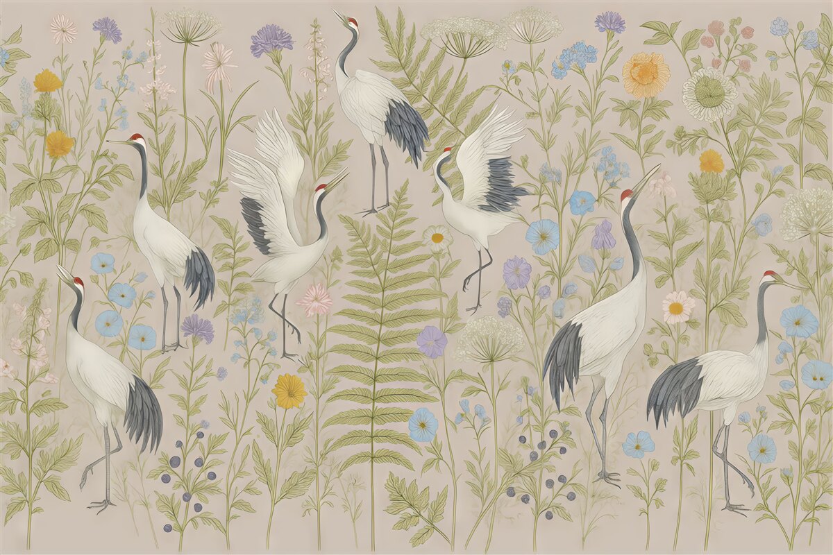 Fototapeta Stylowe żurawie pośród kolorowych kwiatów.
