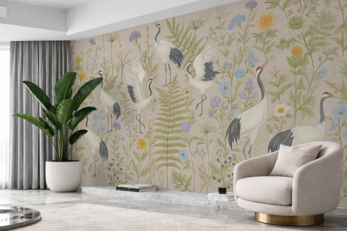 Fototapeta Stylowe żurawie pośród kolorowych kwiatów.