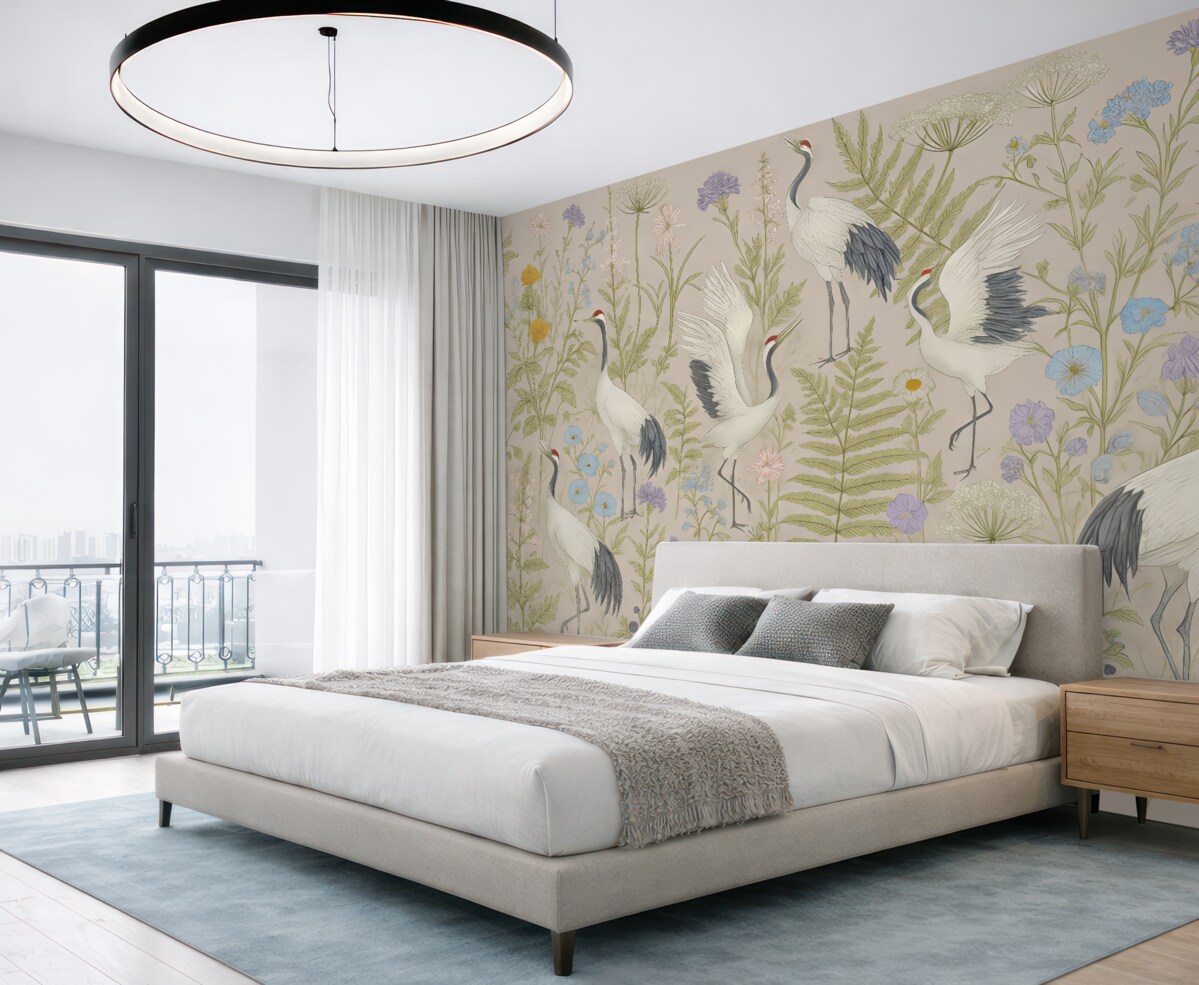 Fototapeta Stylowe żurawie pośród kolorowych kwiatów.