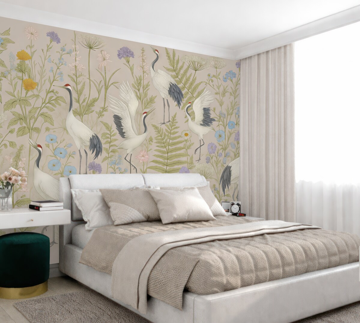 Fototapeta Stylowe żurawie pośród kolorowych kwiatów.