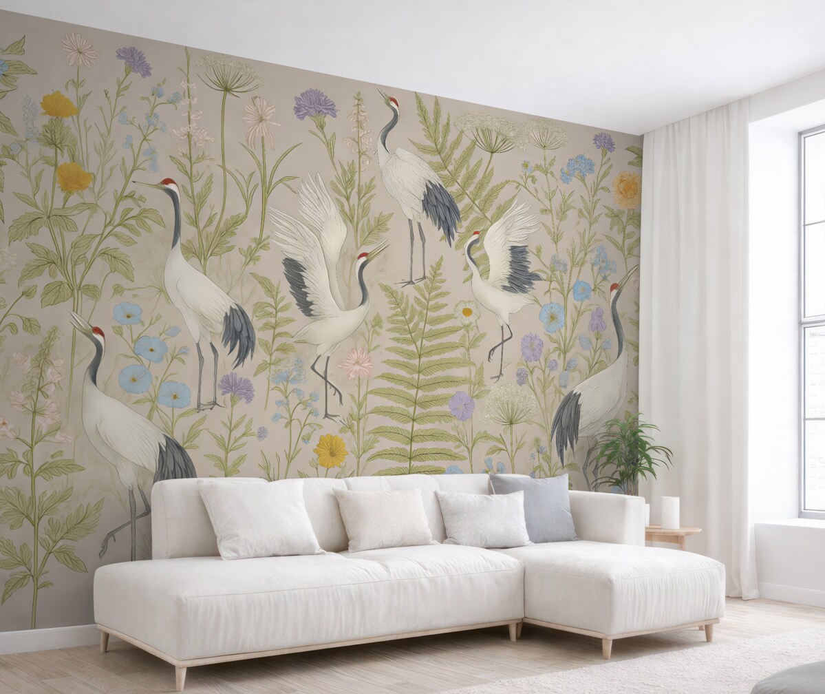 Fototapeta Stylowe żurawie pośród kolorowych kwiatów.