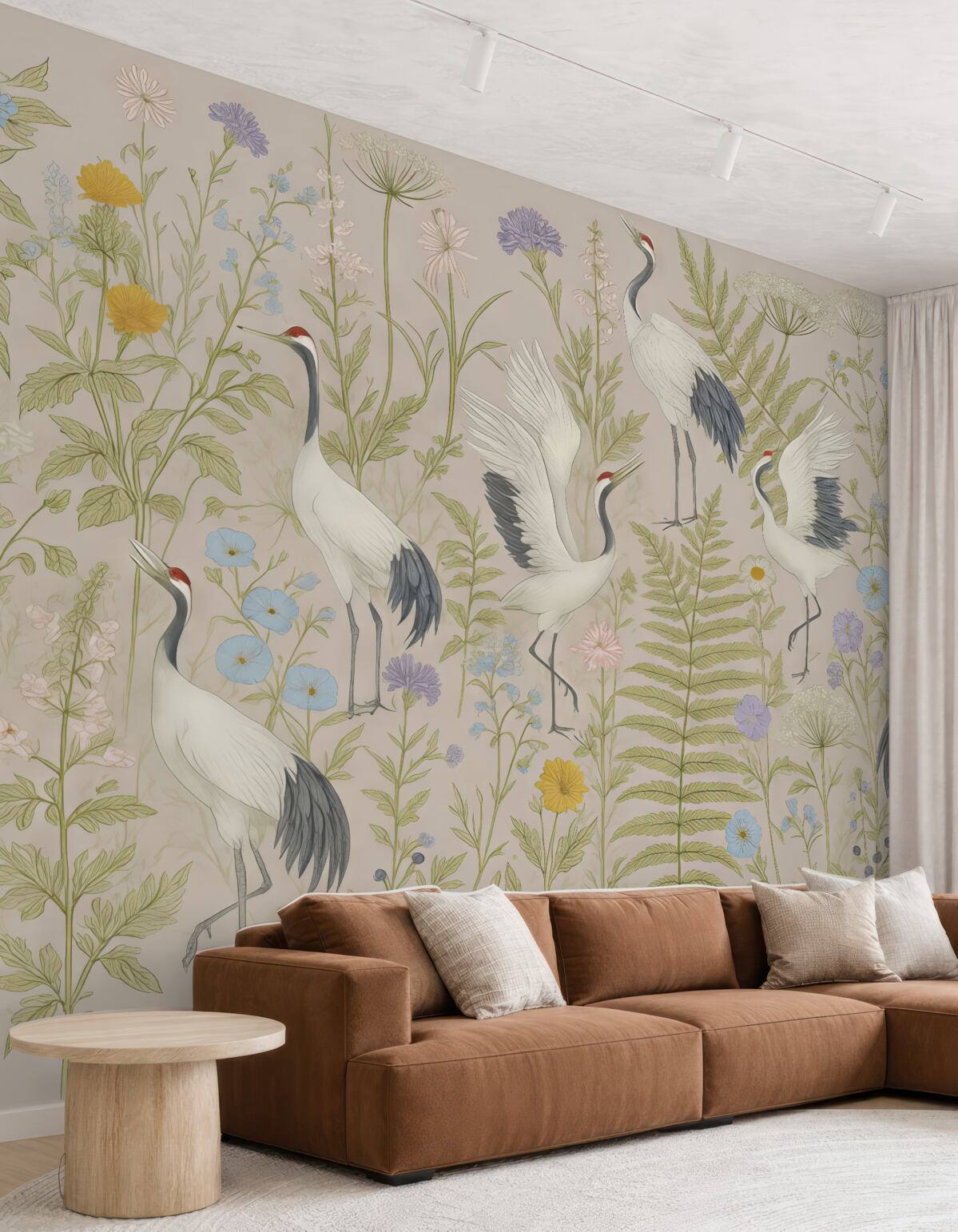 Fototapeta Stylowe żurawie pośród kolorowych kwiatów.