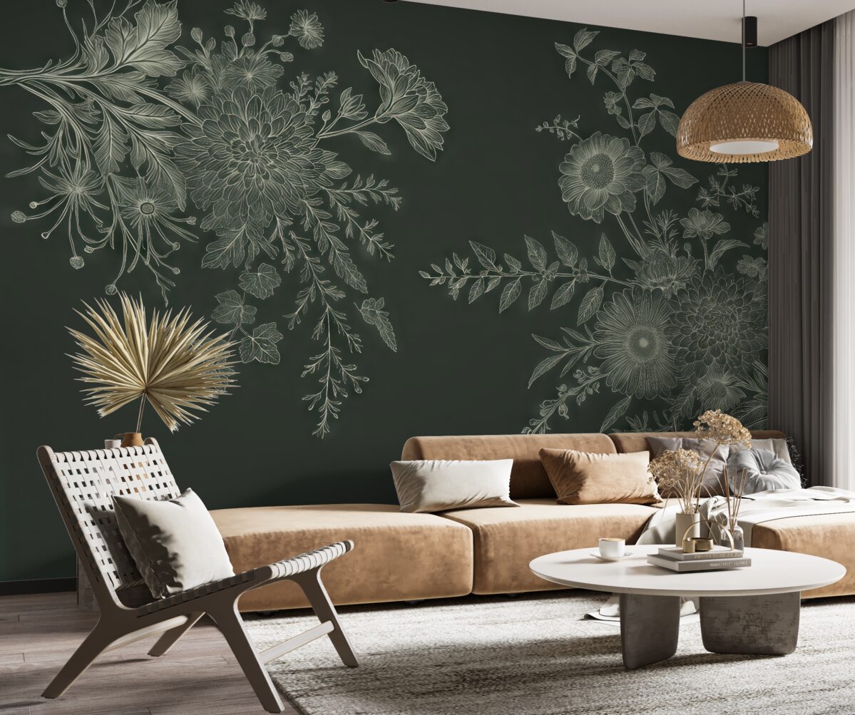 Fototapeta Stylowe kwiatowe rysunki na mrocznym tle.