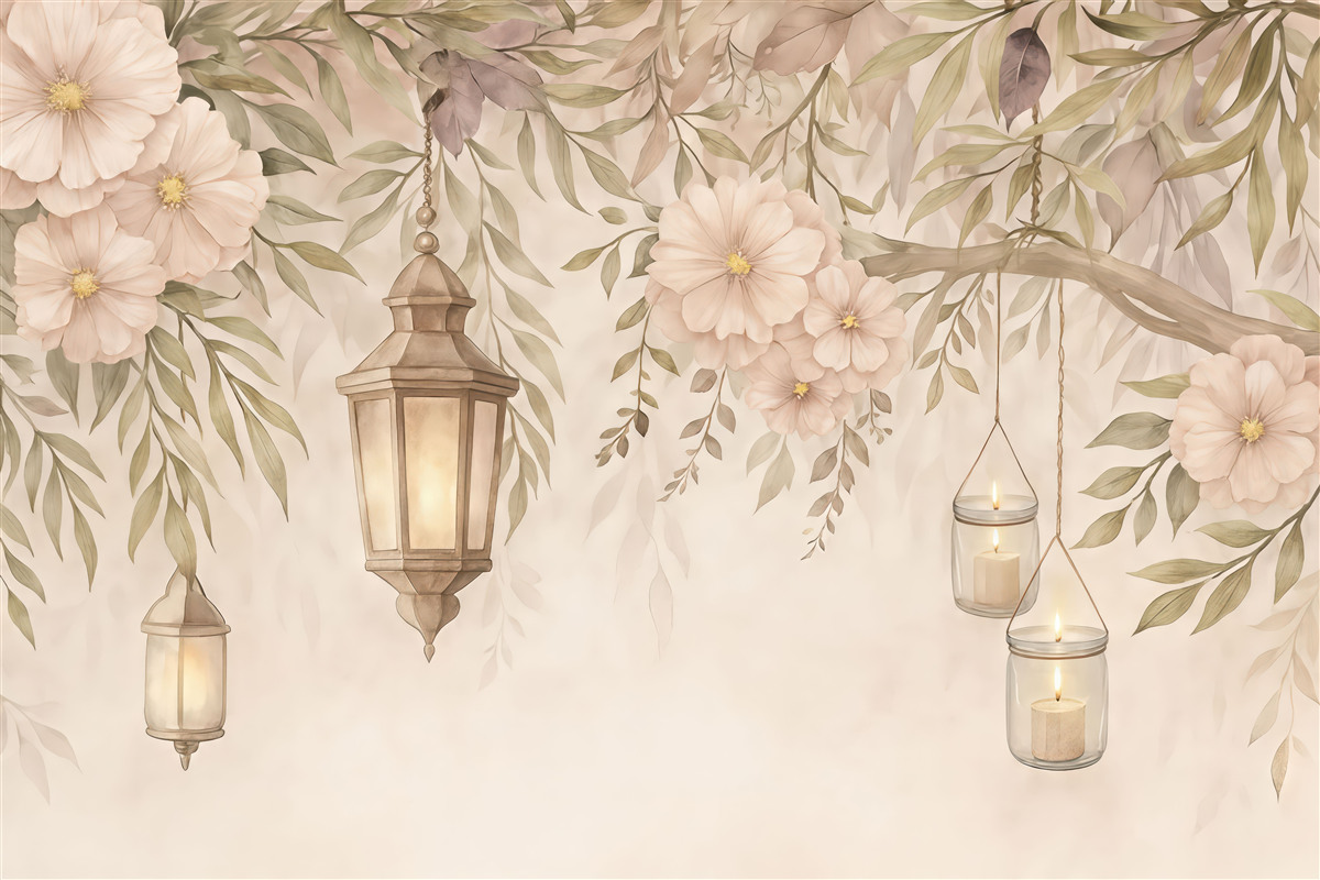 Fototapeta Subtelne kwiaty i zielone gałązki opadają w dół.