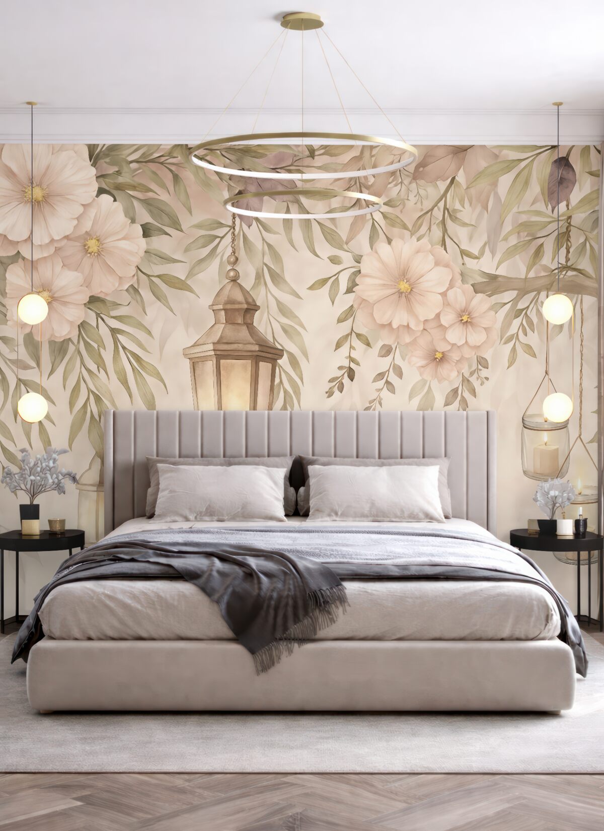 Fototapeta Subtelne kwiaty i zielone gałązki opadają w dół.