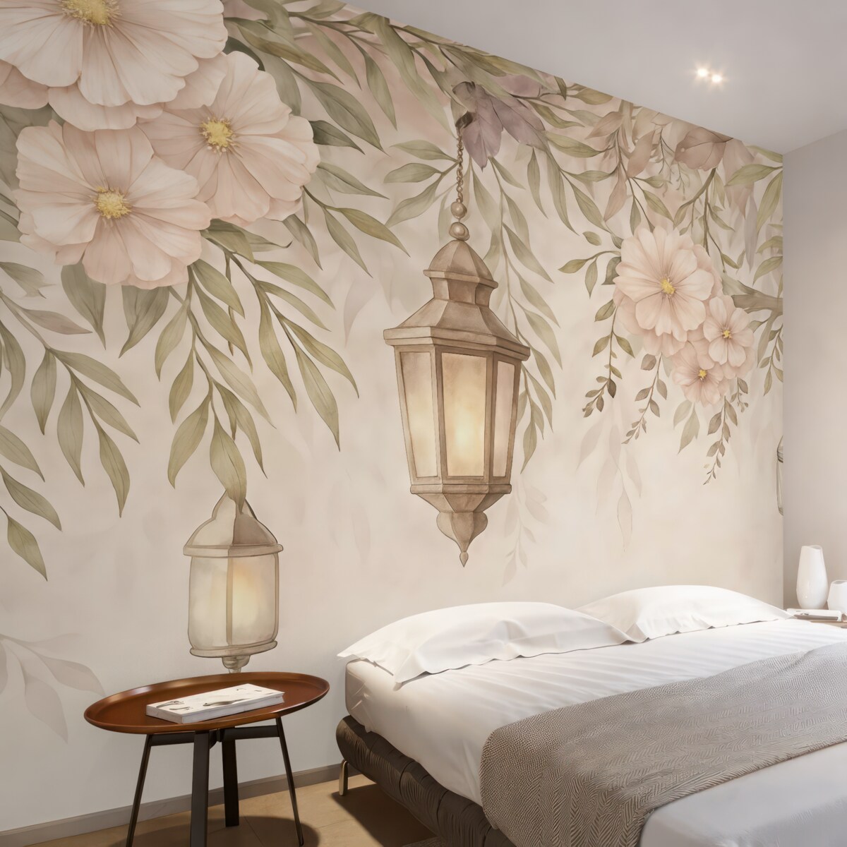 Fototapeta Subtelne kwiaty i zielone gałązki opadają w dół.