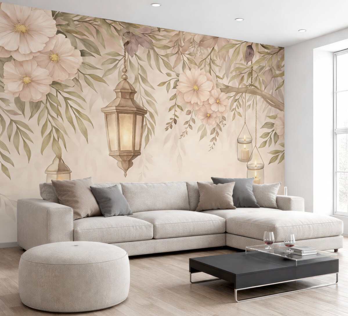 Fototapeta Subtelne kwiaty i zielone gałązki opadają w dół.