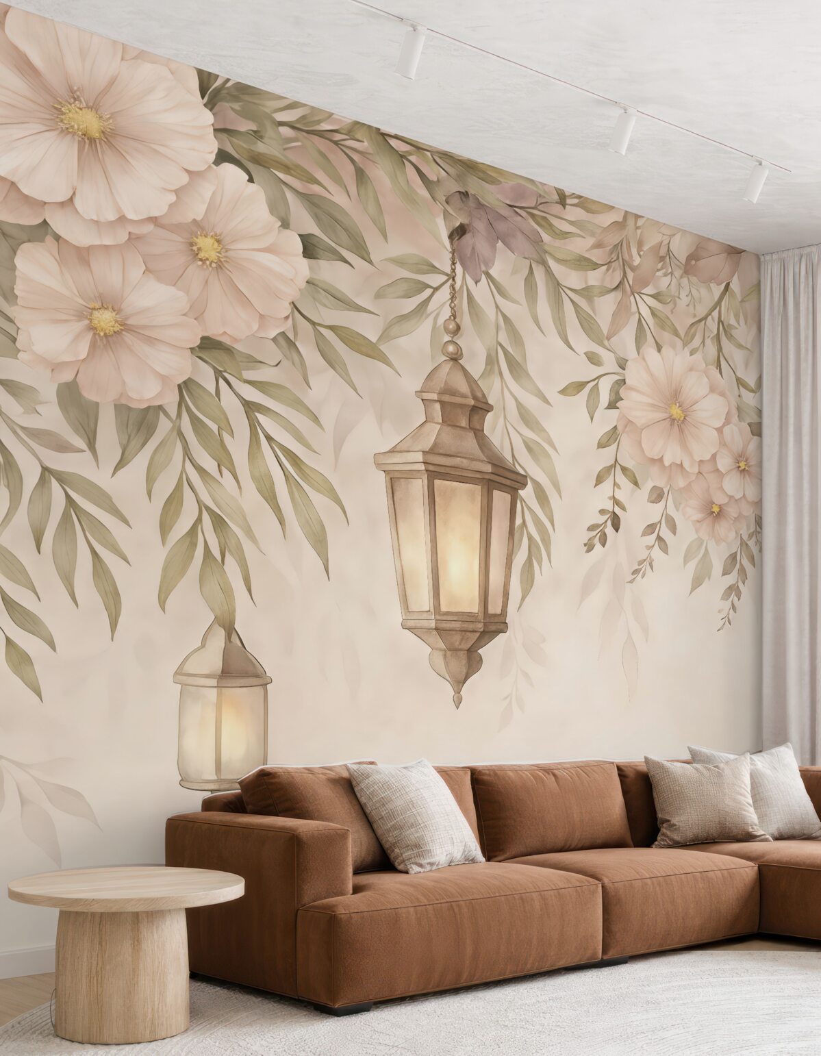 Fototapeta Subtelne kwiaty i zielone gałązki opadają w dół.