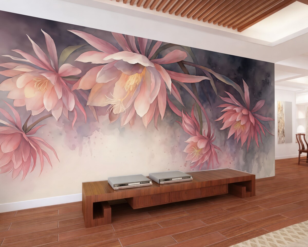 Fototapeta Wielkie kwiaty lilii wodnej na abstrakcyjnym tle farb akwarelowych.