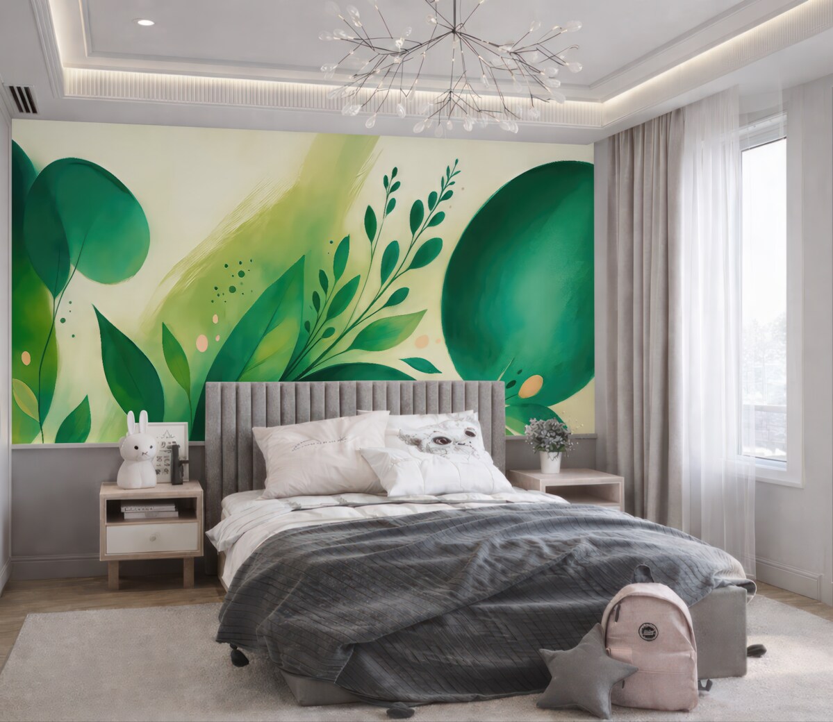 Fototapeta Abstrakcyjny wzór z motywami roślinnymi i liśćmi, minimalistyczny styl.