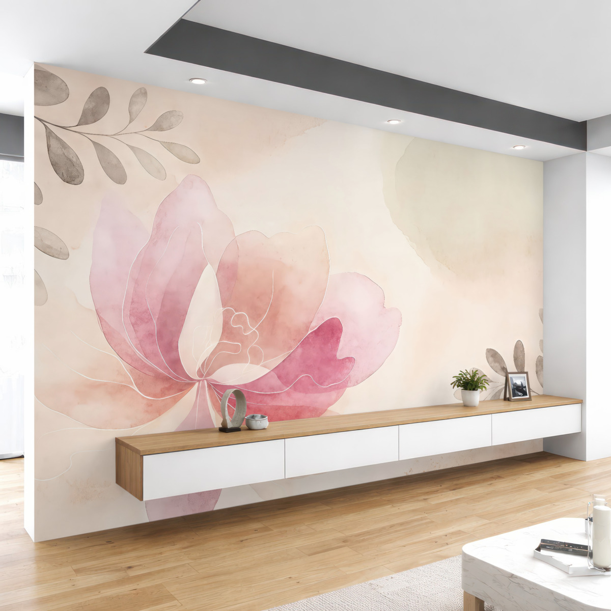 Fototapeta wielki kwiat, pastele, farba wodna, odcień beżywego