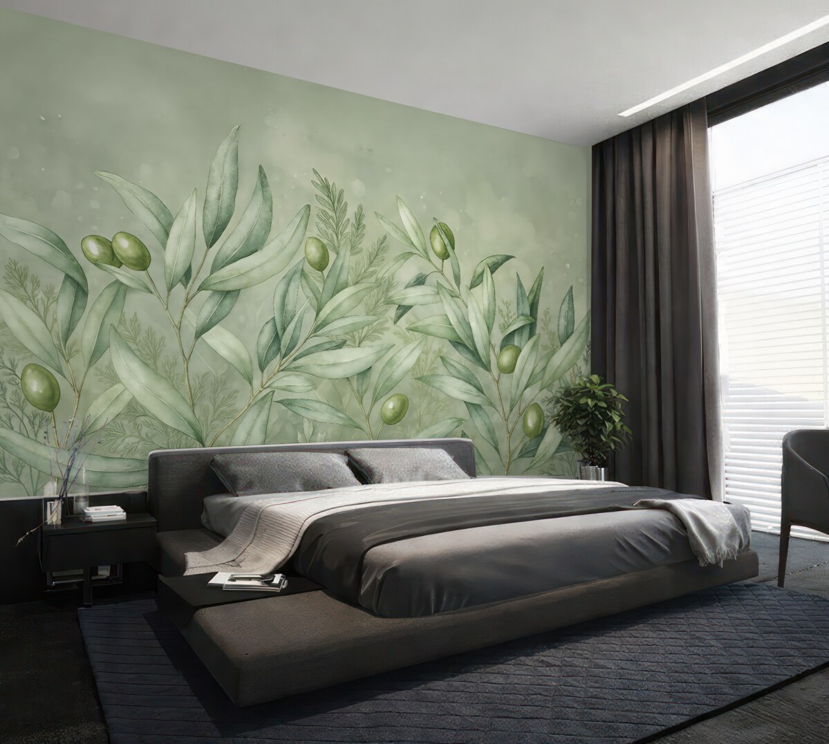 Fototapeta Wizualizacja oliwek, kwiecisty motyw, tropikalny, akwarelowy, rozłożyste liście, odcienie zieleni.