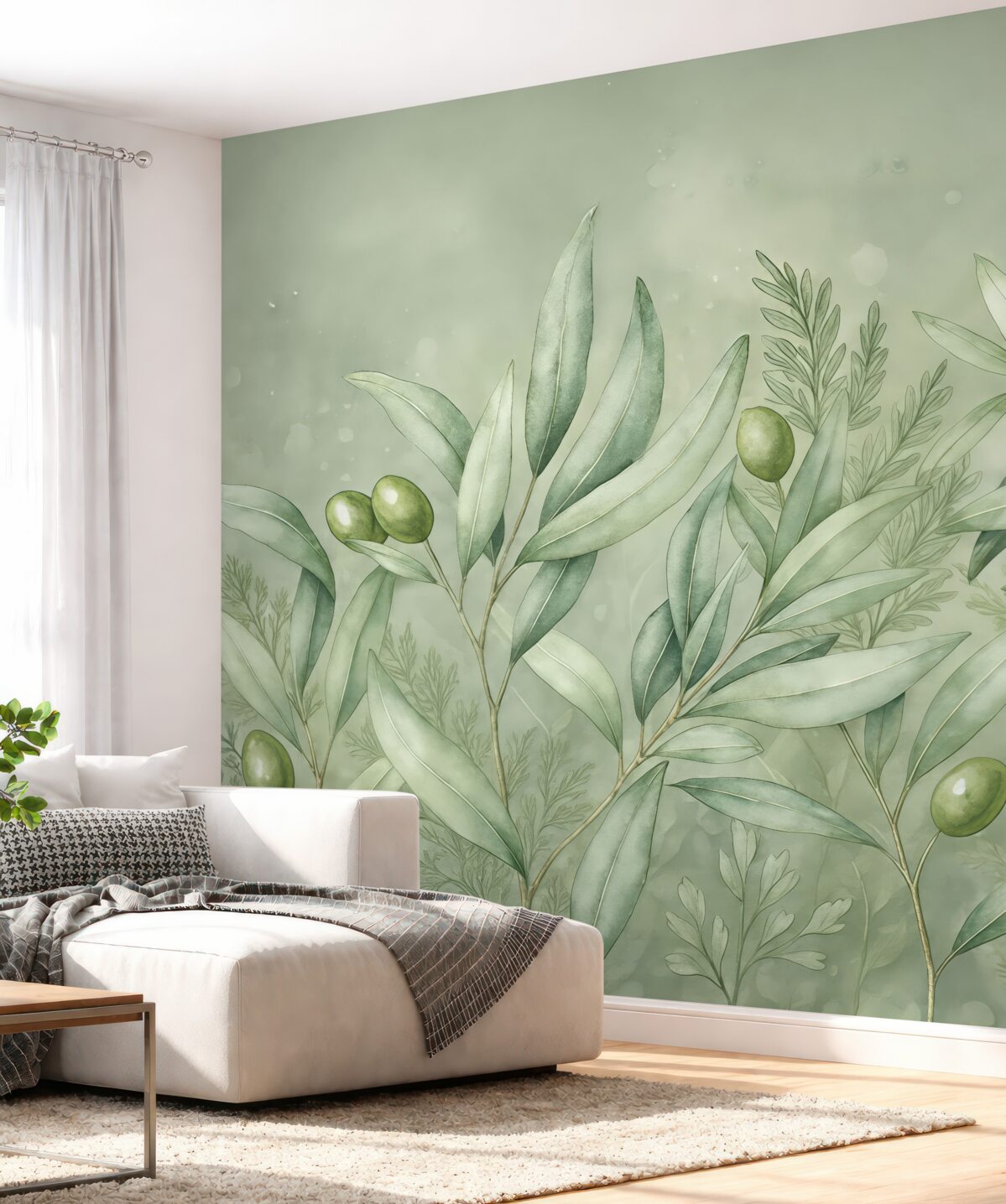 Fototapeta Wizualizacja oliwek, kwiecisty motyw, tropikalny, akwarelowy, rozłożyste liście, odcienie zieleni.