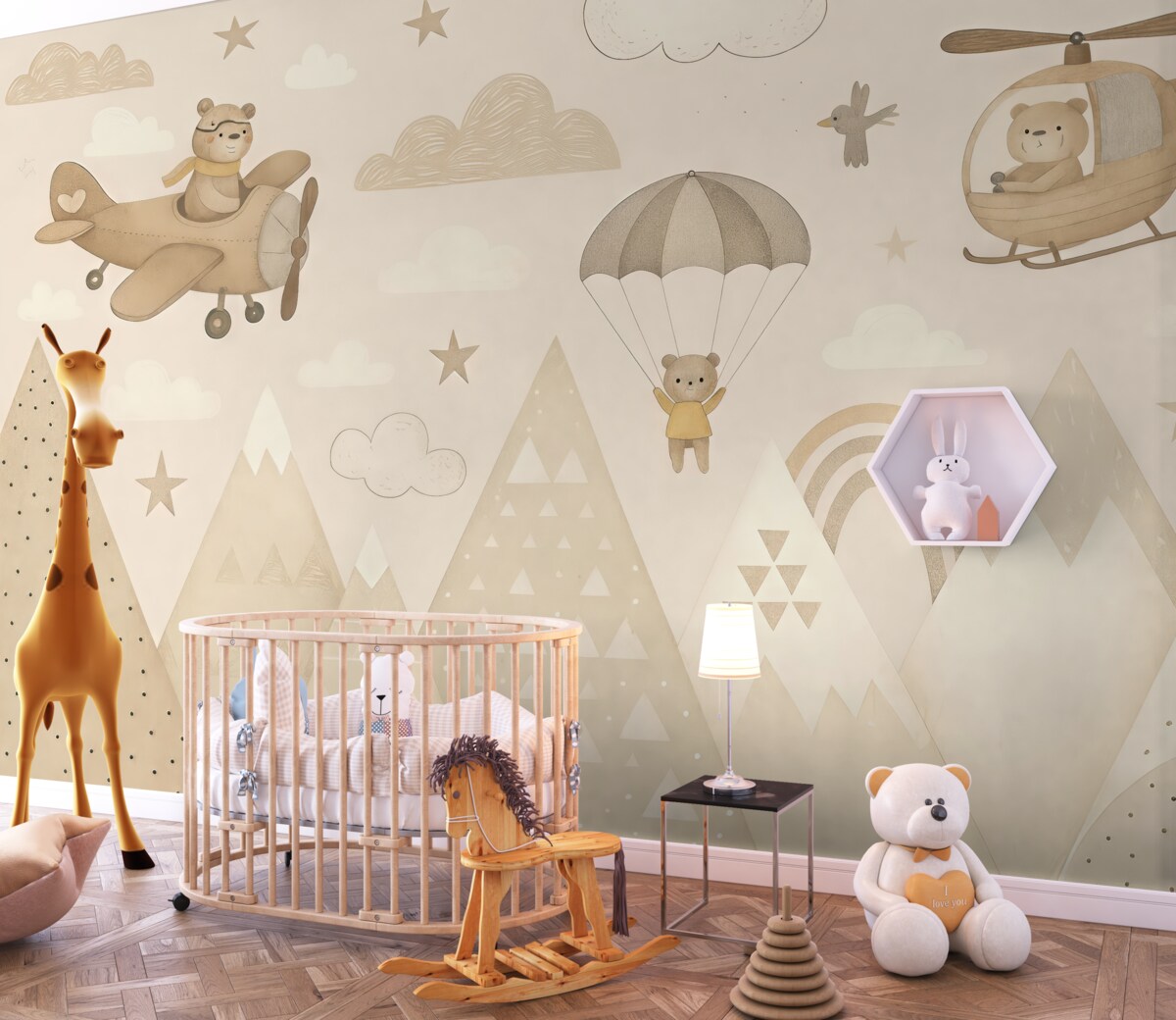 Fototapeta Beżowe szczyty z helikopterem, samolotem i zwierzętami.