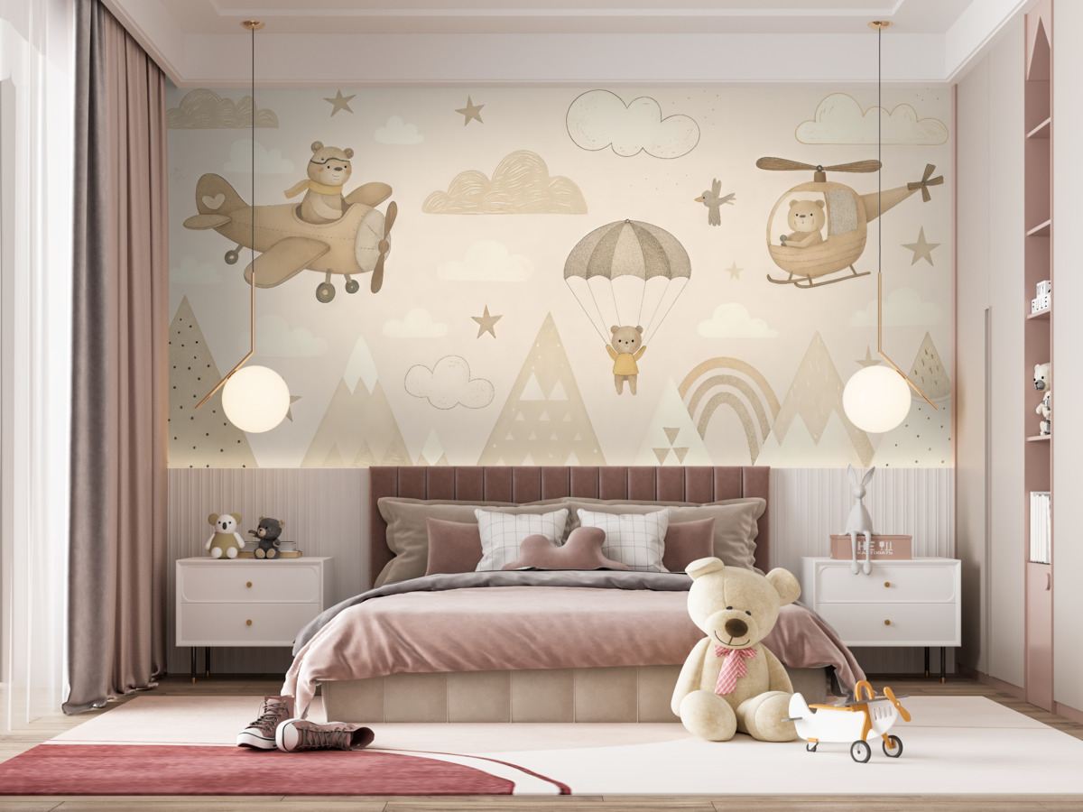 Fototapeta Beżowe szczyty z helikopterem, samolotem i zwierzętami.