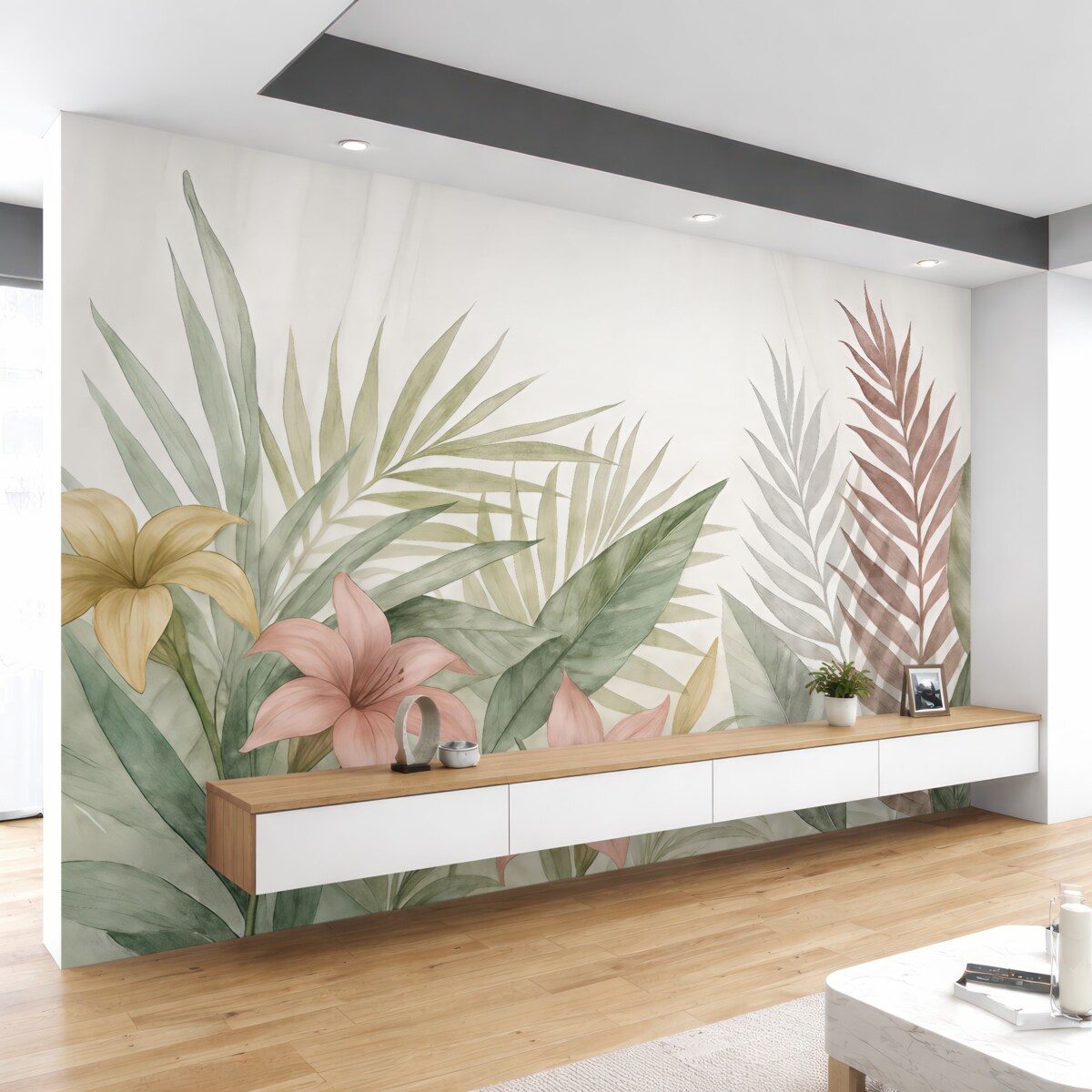 Fototapeta Subtelne tropikalne liście oraz kwiaty na jasnym tle.