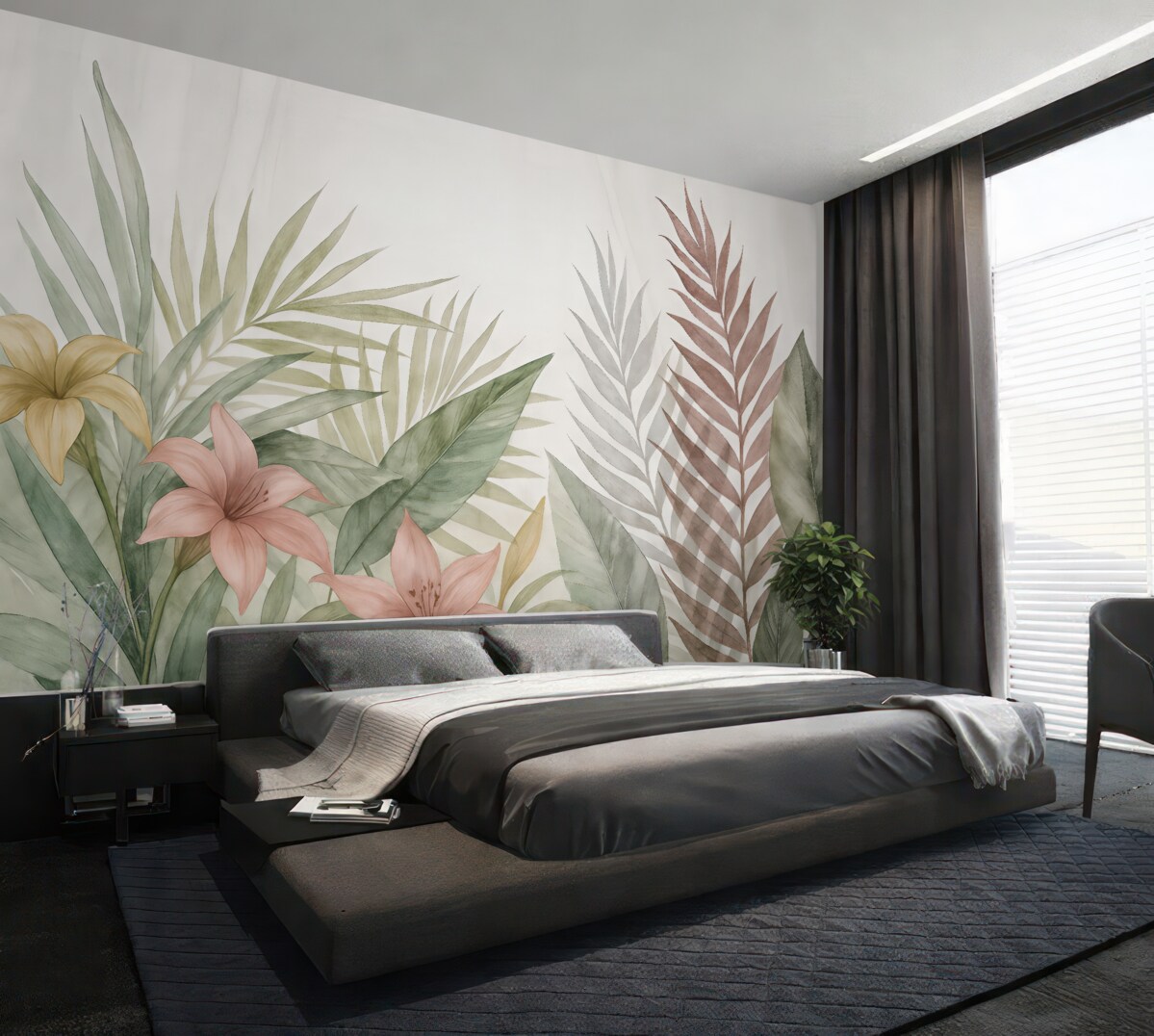 Fototapeta Subtelne tropikalne liście oraz kwiaty na jasnym tle.