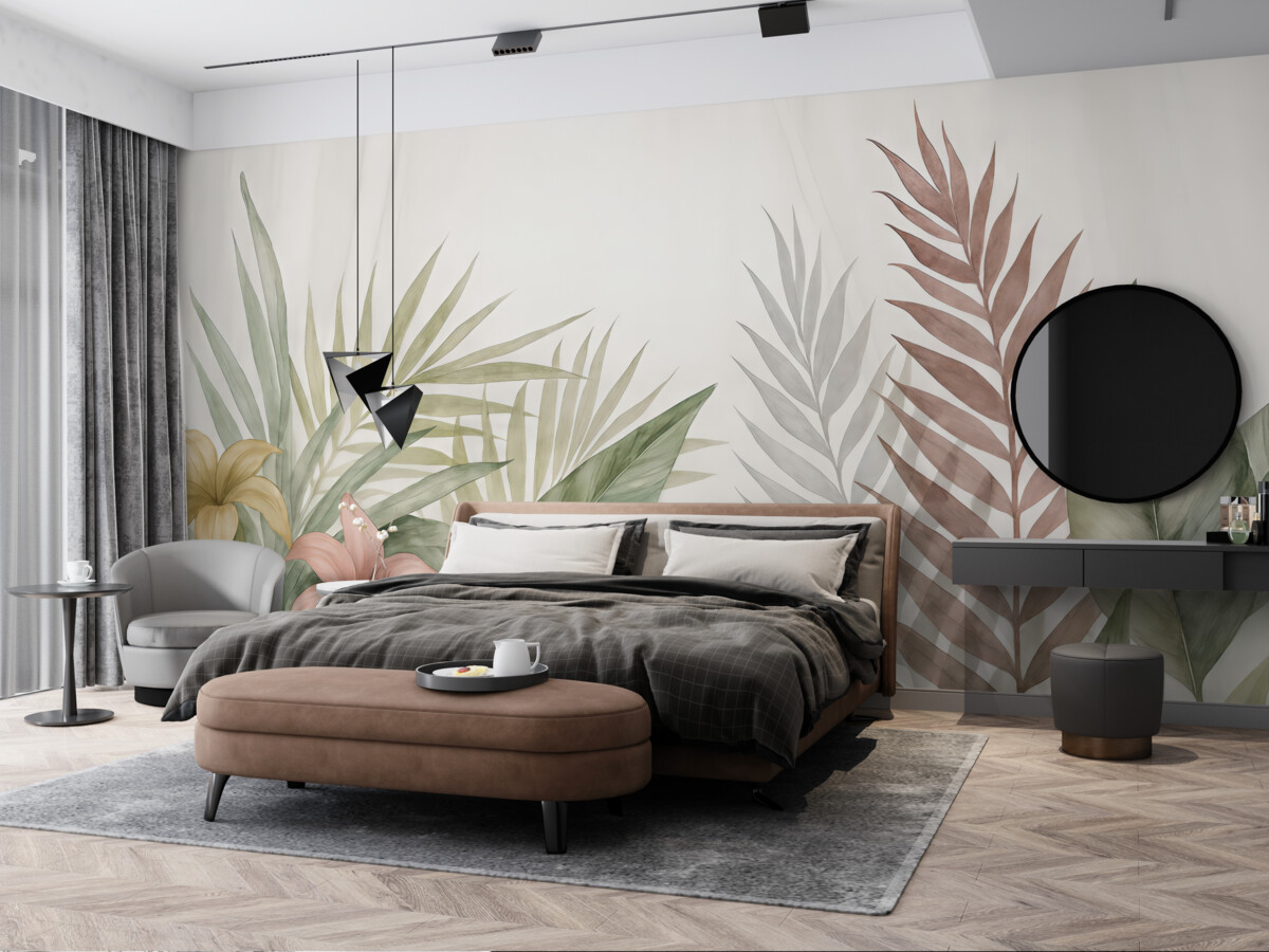 Fototapeta Subtelne tropikalne liście oraz kwiaty na jasnym tle.