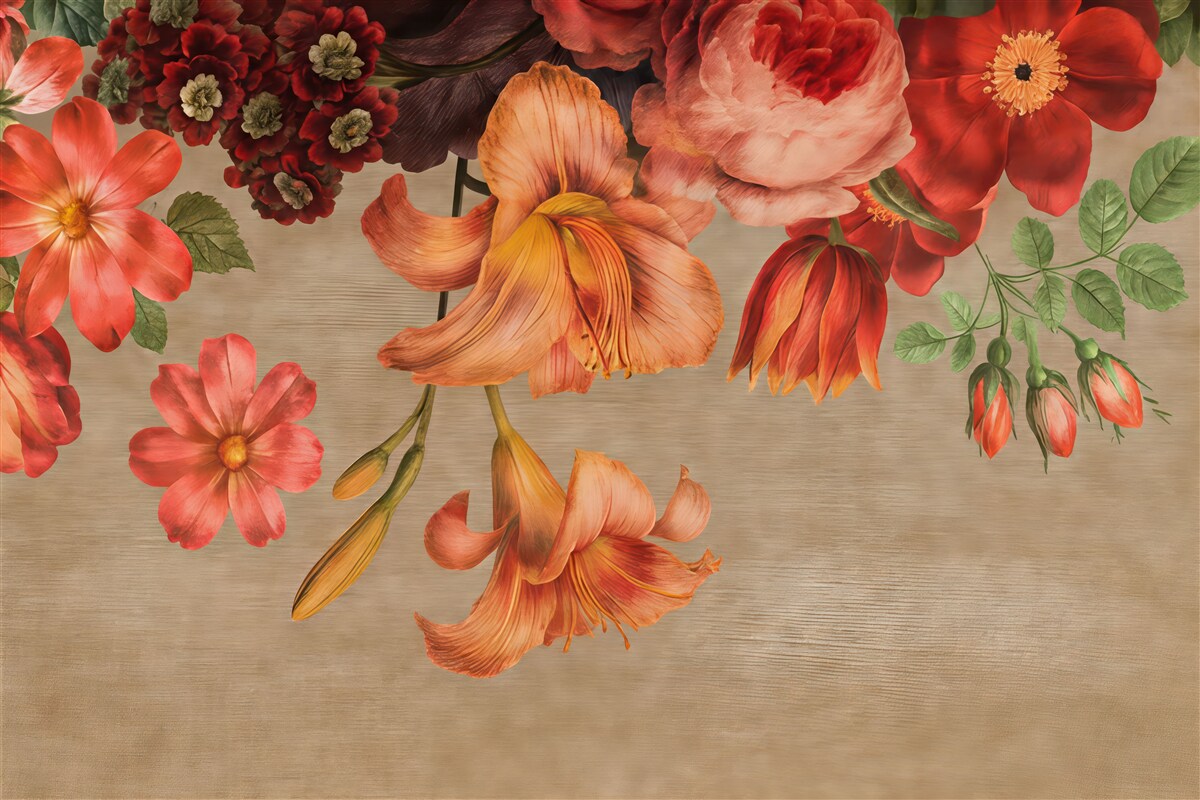 Fototapeta Ilustracja botaniczna przedstawiająca bukiet kwiatów w martwej naturze na brązowym tle.