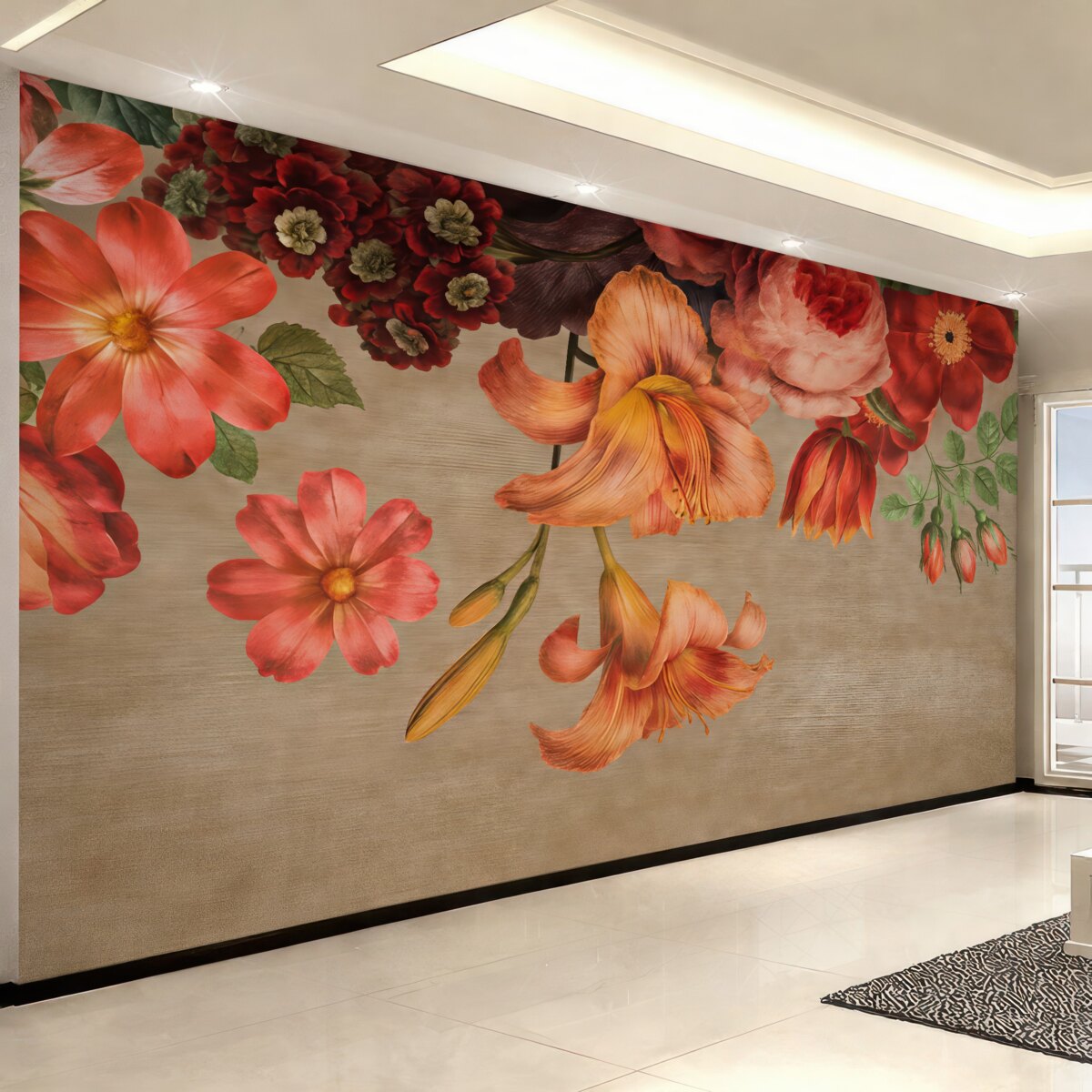 Fototapeta Ilustracja botaniczna przedstawiająca bukiet kwiatów w martwej naturze na brązowym tle.