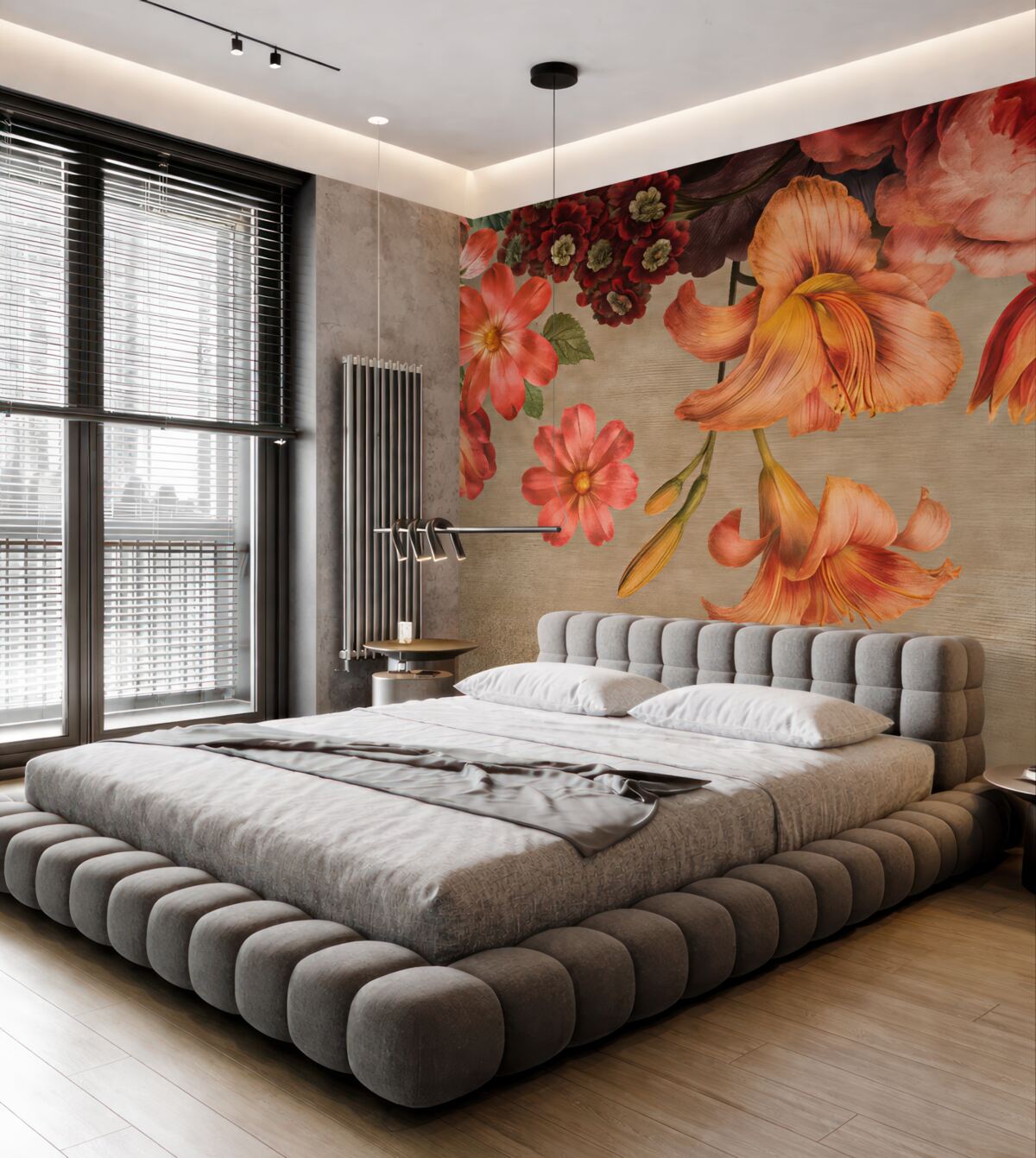 Fototapeta Ilustracja botaniczna przedstawiająca bukiet kwiatów w martwej naturze na brązowym tle.