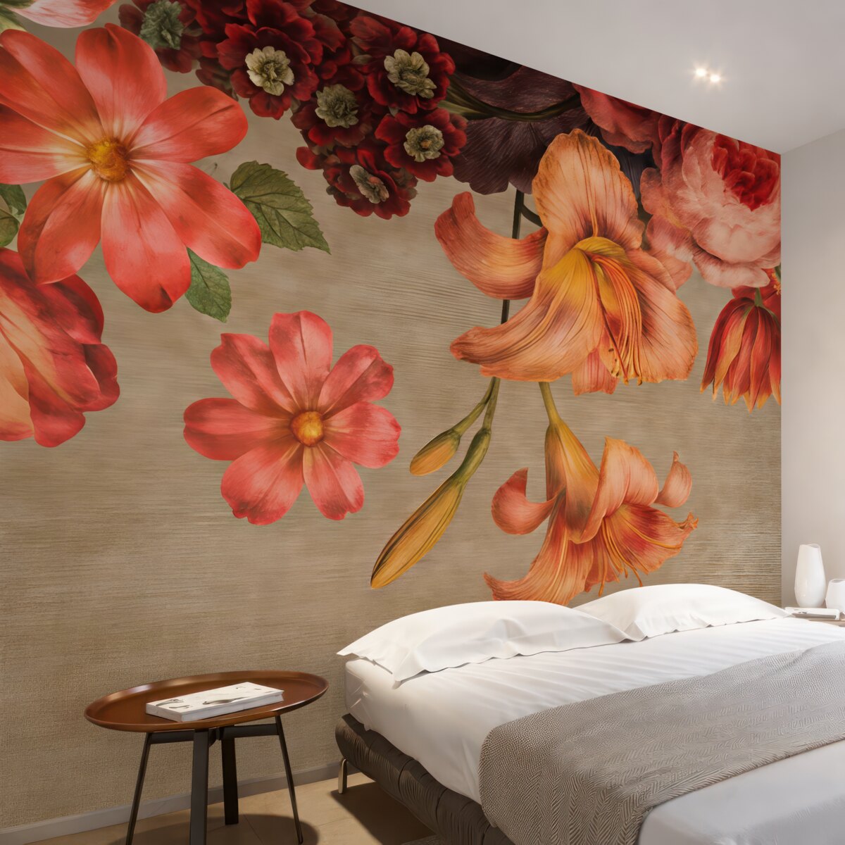 Fototapeta Ilustracja botaniczna przedstawiająca bukiet kwiatów w martwej naturze na brązowym tle.