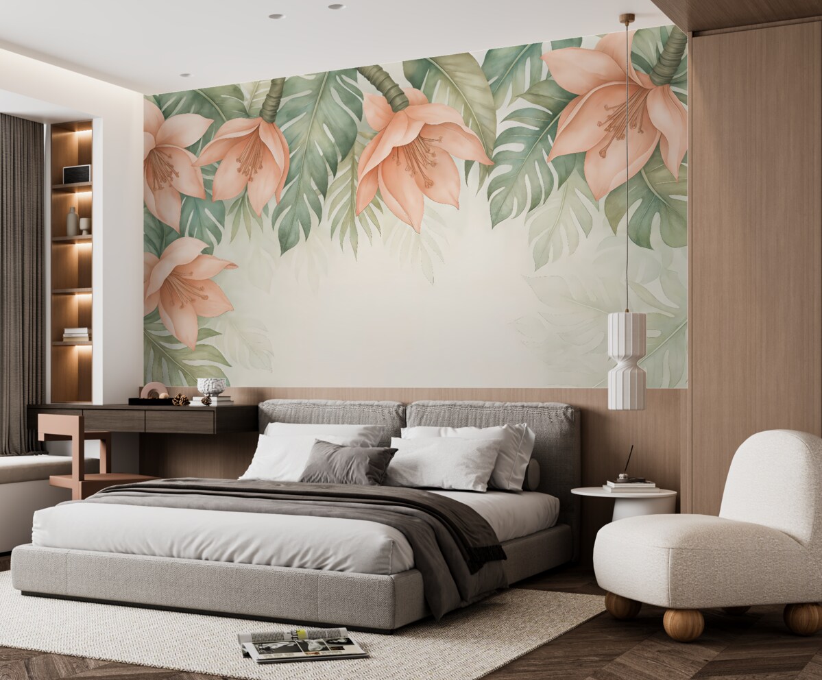 Fototapeta Subtelne kwiaty w otoczeniu zielonych liści.