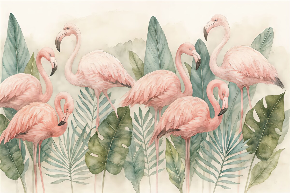 Fototapeta Flamingi w tropikalnych liściach, akwarela, różowe oraz zielone barwy.