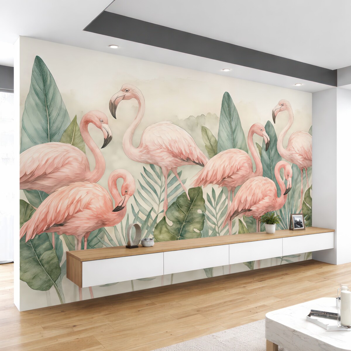 Fototapeta Flamingi w tropikalnych liściach, akwarela, różowe oraz zielone barwy.