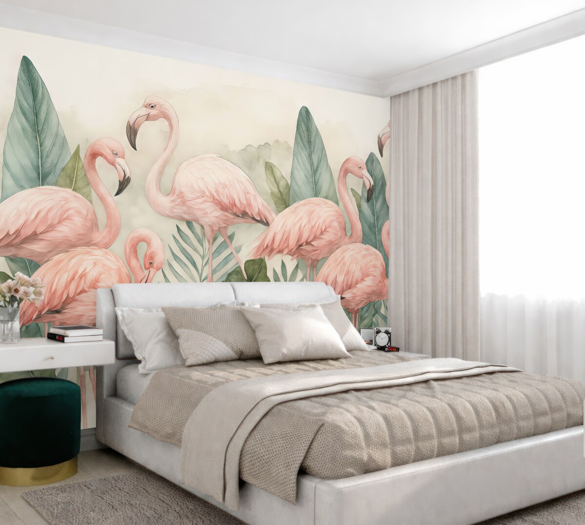 Fototapeta Flamingi w tropikalnych liściach, akwarela, różowe oraz zielone barwy.