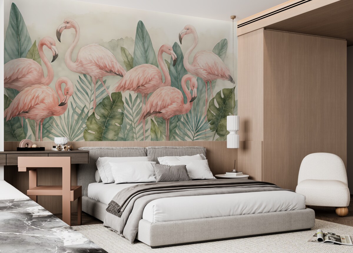 Fototapeta Flamingi w tropikalnych liściach, akwarela, różowe oraz zielone barwy.