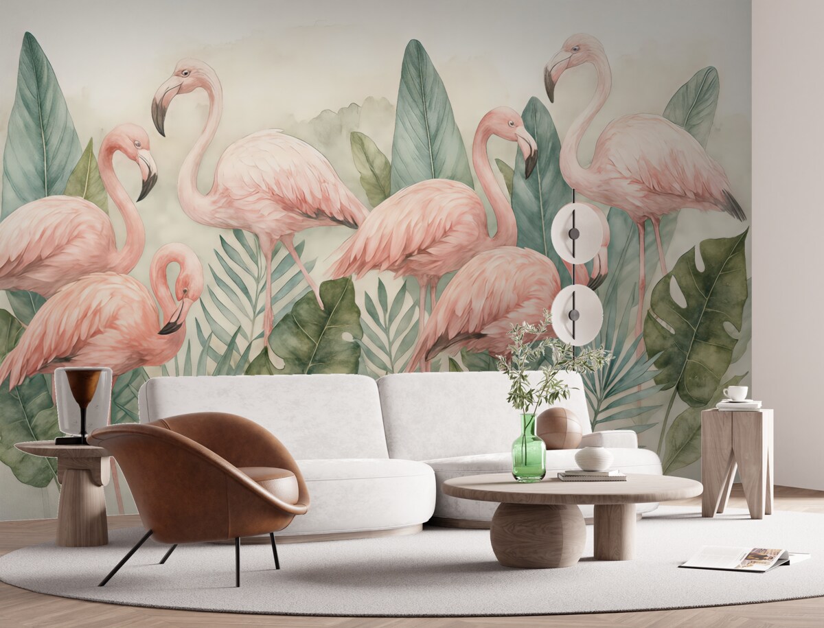 Fototapeta Flamingi w tropikalnych liściach, akwarela, różowe oraz zielone barwy.