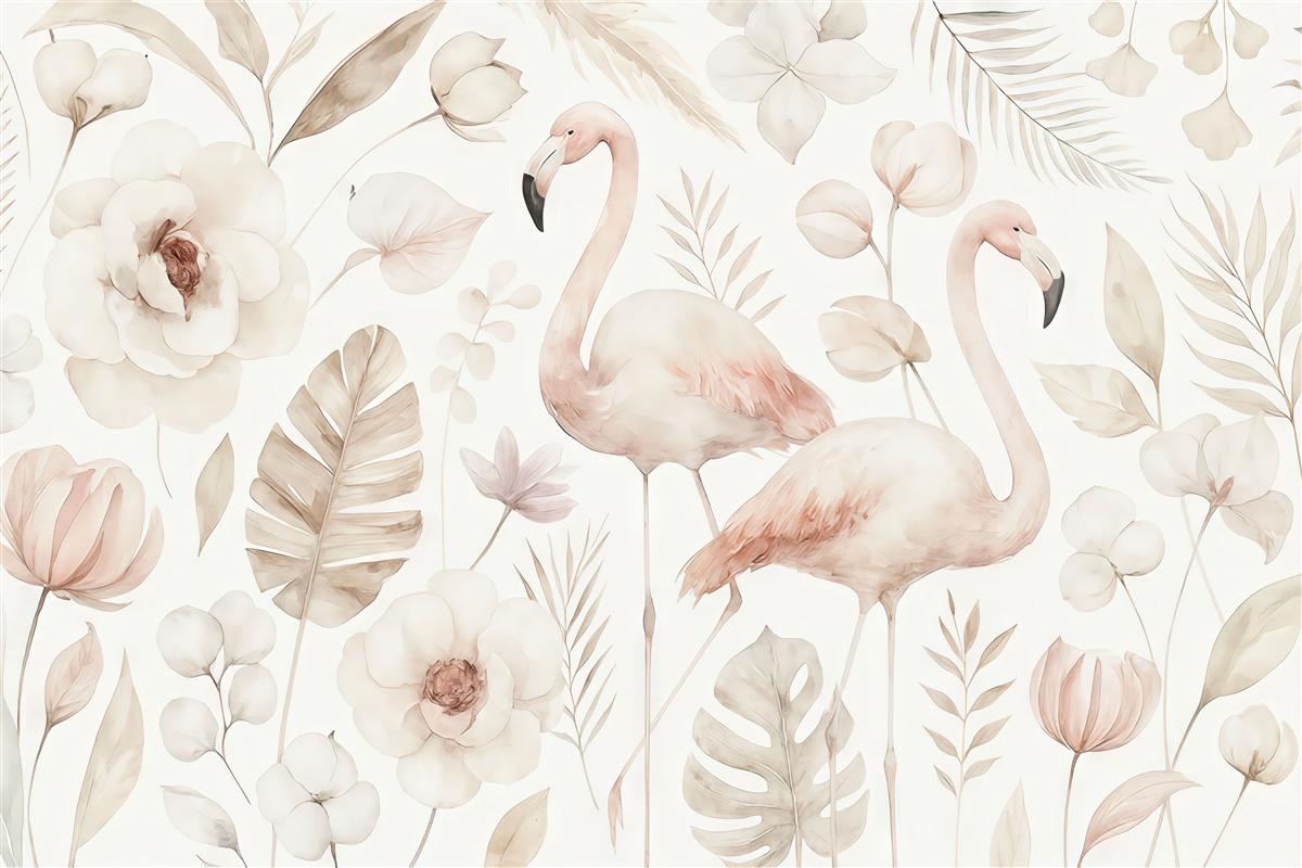 Fototapeta Akwarela w stylu boho, flamingi, liście tropikalne, bawełniane, orchidee, piwonie, róż i beż.