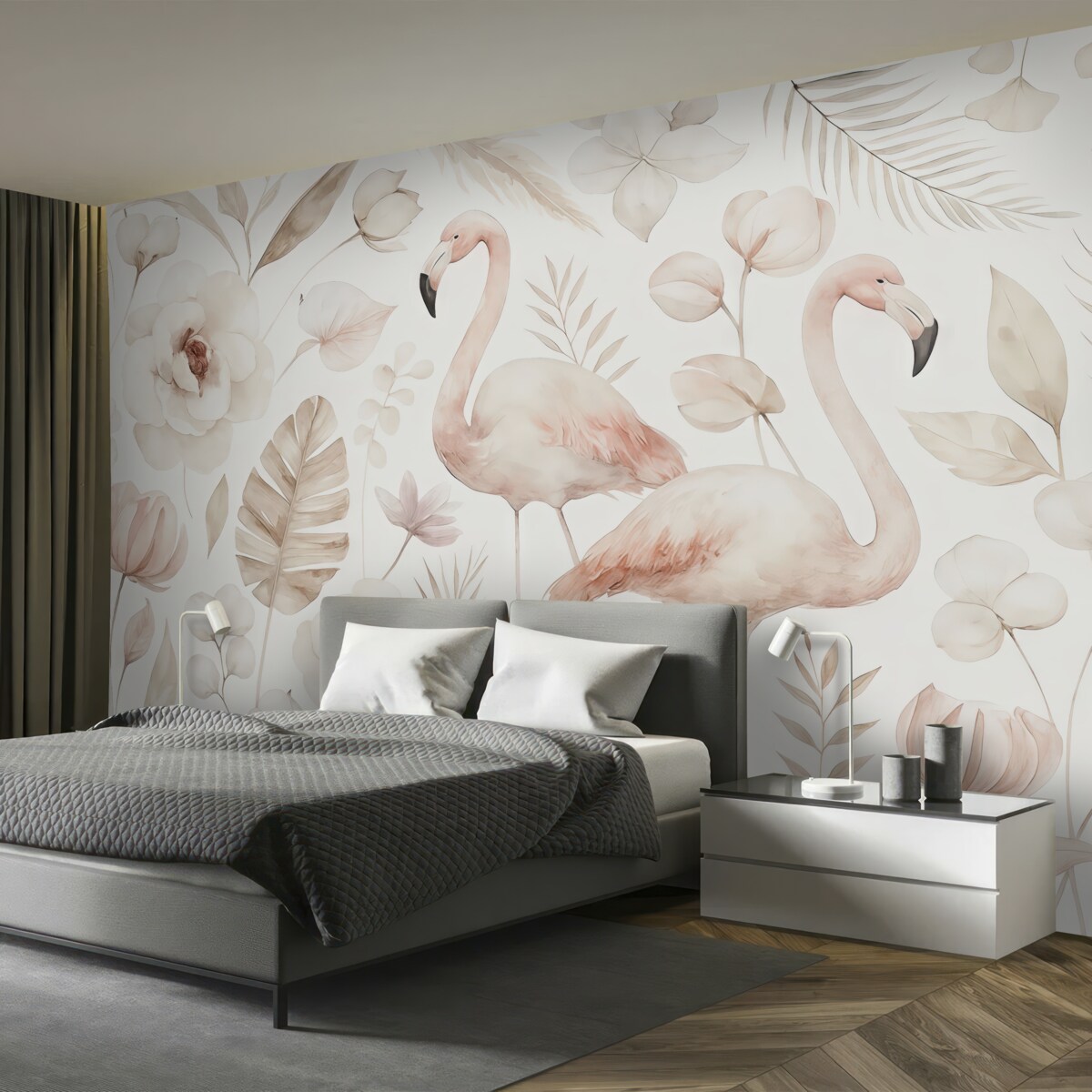 Fototapeta Akwarela w stylu boho, flamingi, liście tropikalne, bawełniane, orchidee, piwonie, róż i beż.