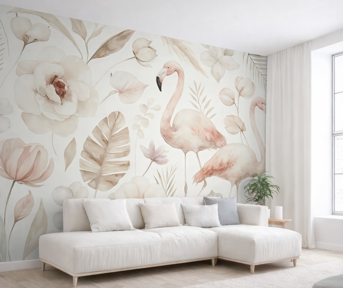 Fototapeta Akwarela w stylu boho, flamingi, liście tropikalne, bawełniane, orchidee, piwonie, róż i beż.