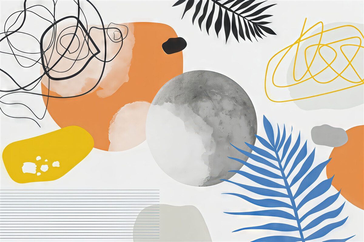 Fototapeta Abstrakcyjna współczesność, minimalizm, styl boho, geometria, akwarelowe plamy, pełnia miesiąca, kontur liścia palmowego, topografia, złożoność, pomarańczowy, żółty, szary.