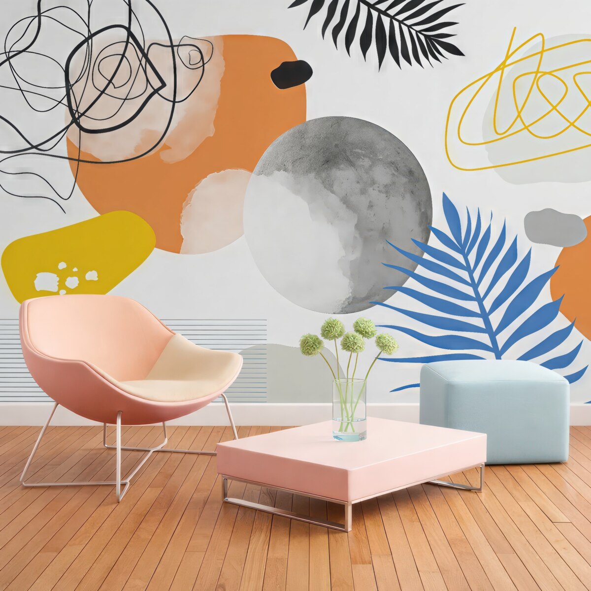 Fototapeta Abstrakcyjna współczesność, minimalizm, styl boho, geometria, akwarelowe plamy, pełnia miesiąca, kontur liścia palmowego, topografia, złożoność, pomarańczowy, żółty, szary.