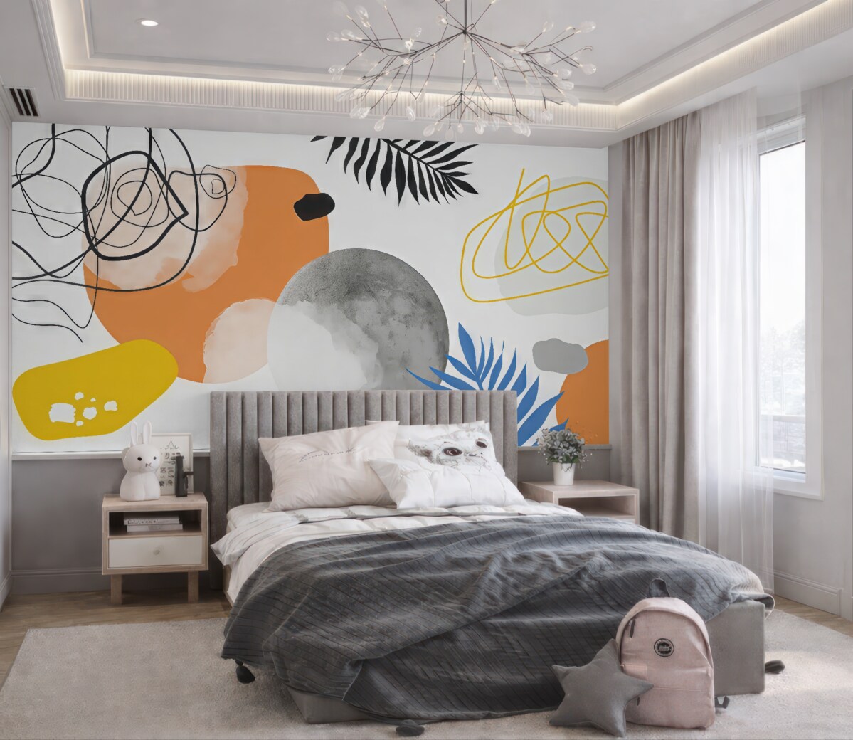 Fototapeta Abstrakcyjna współczesność, minimalizm, styl boho, geometria, akwarelowe plamy, pełnia miesiąca, kontur liścia palmowego, topografia, złożoność, pomarańczowy, żółty, szary.