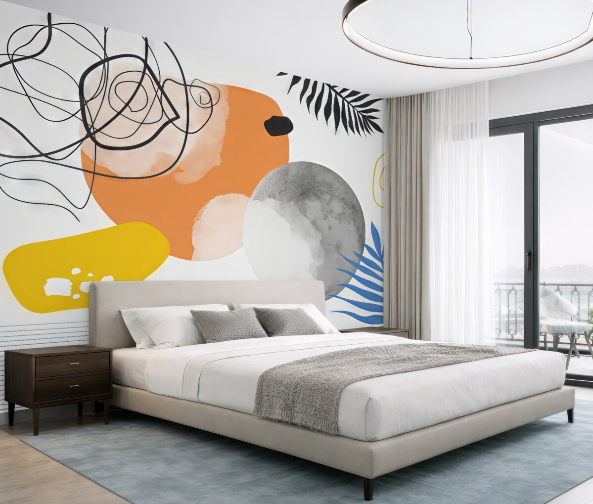 Fototapeta Abstrakcyjna współczesność, minimalizm, styl boho, geometria, akwarelowe plamy, pełnia miesiąca, kontur liścia palmowego, topografia, złożoność, pomarańczowy, żółty, szary.