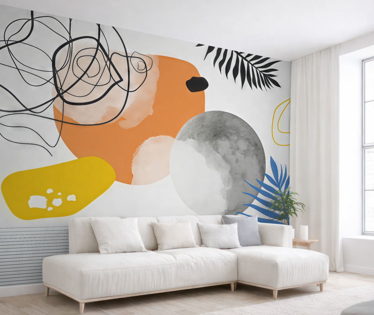 Fototapeta Abstrakcyjna współczesność, minimalizm, styl boho, geometria, akwarelowe plamy, pełnia miesiąca, kontur liścia palmowego, topografia, złożoność, pomarańczowy, żółty, szary.