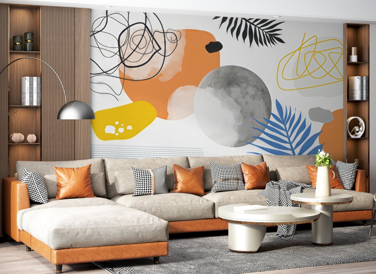 Fototapeta Abstrakcyjna współczesność, minimalizm, styl boho, geometria, akwarelowe plamy, pełnia miesiąca, kontur liścia palmowego, topografia, złożoność, pomarańczowy, żółty, szary.