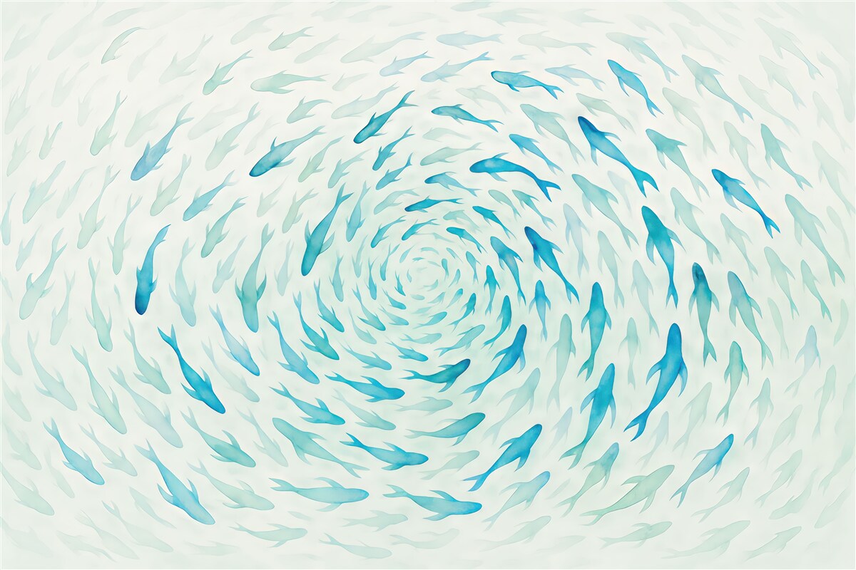 Fototapeta Ryba wirująca w wirze, taniec ryb, akwarela, rekin, kompozycja abstrakcyjna, minimalizm, odcienie niebieskiego i zielonego.