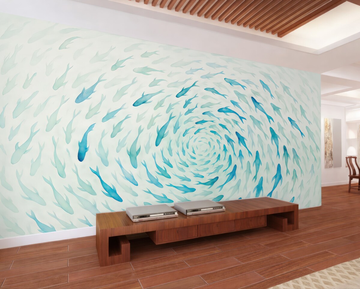 Fototapeta Ryba wirująca w wirze, taniec ryb, akwarela, rekin, kompozycja abstrakcyjna, minimalizm, odcienie niebieskiego i zielonego.