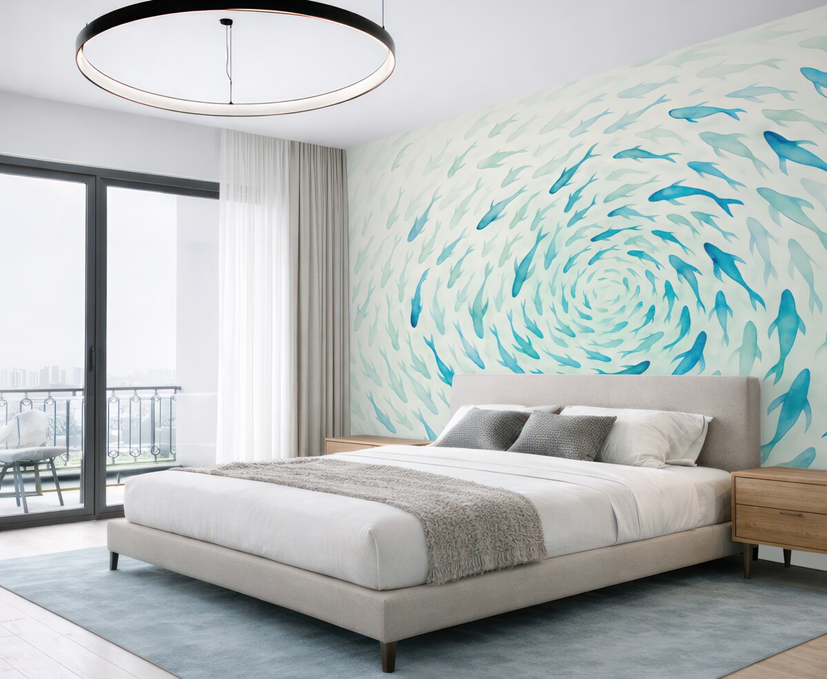 Fototapeta Ryba wirująca w wirze, taniec ryb, akwarela, rekin, kompozycja abstrakcyjna, minimalizm, odcienie niebieskiego i zielonego.