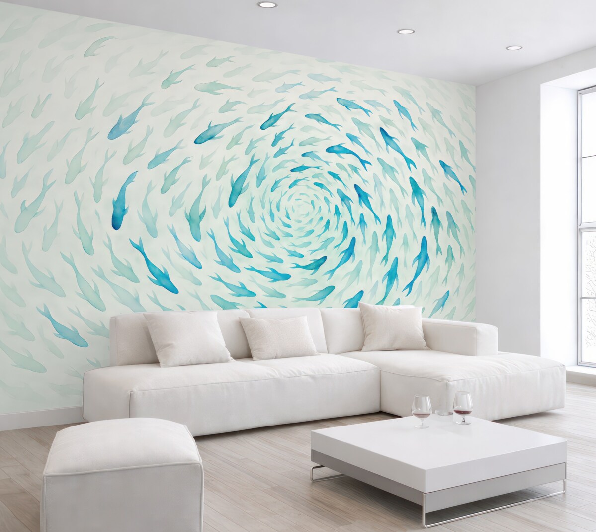 Fototapeta Ryba wirująca w wirze, taniec ryb, akwarela, rekin, kompozycja abstrakcyjna, minimalizm, odcienie niebieskiego i zielonego.