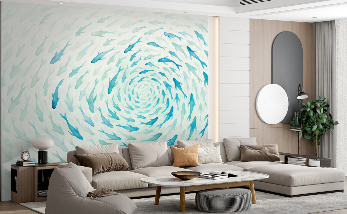 Fototapeta Ryba wirująca w wirze, taniec ryb, akwarela, rekin, kompozycja abstrakcyjna, minimalizm, odcienie niebieskiego i zielonego.