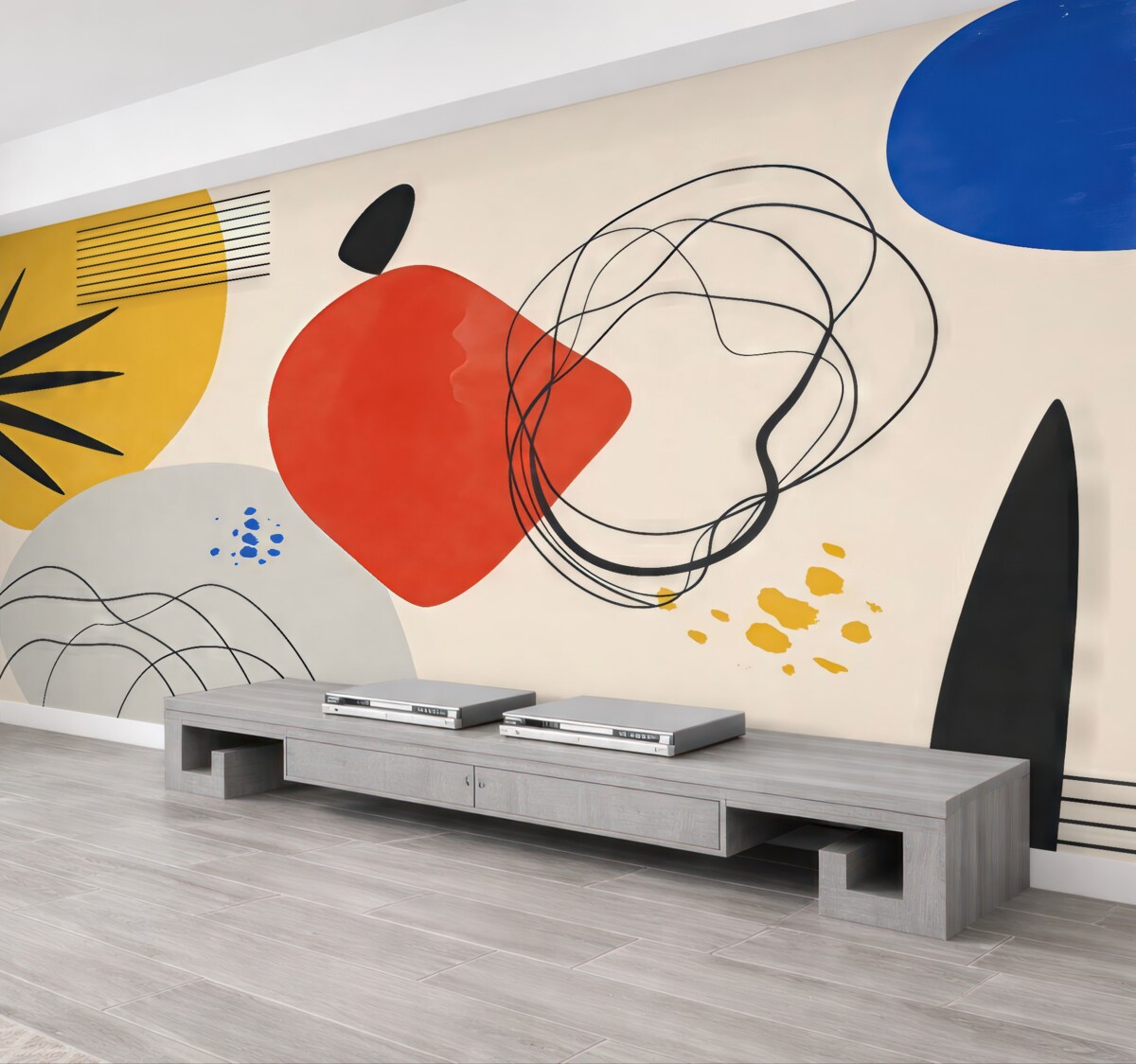 Fototapeta Abstrakcja współczesna, wyraźny akcent, boho, forma, kształty, łuki, linie, czerwony, żółty, niebieski, czarny.