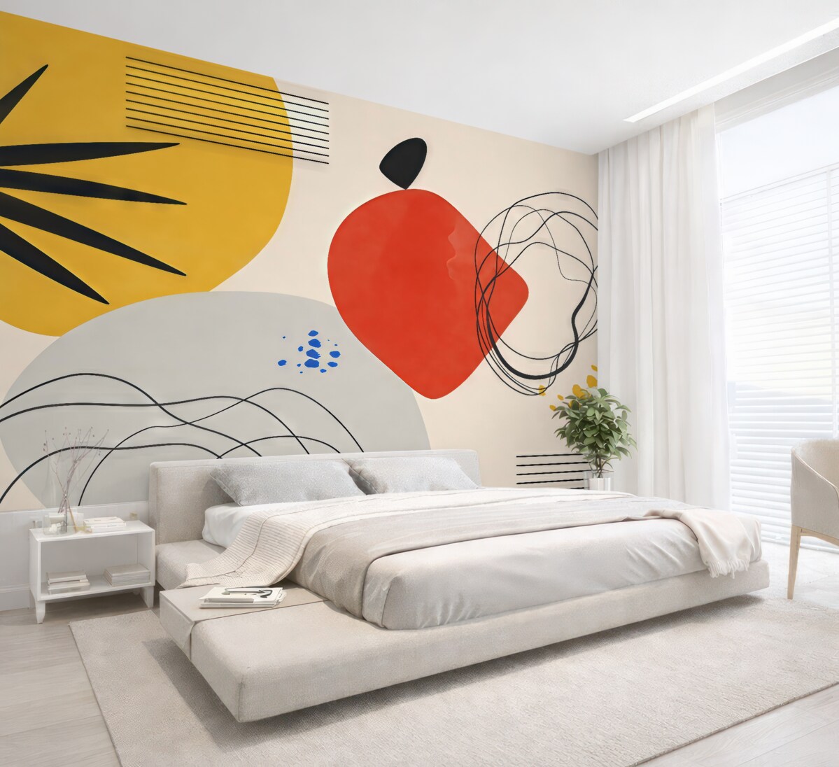 Fototapeta Abstrakcja współczesna, wyraźny akcent, boho, forma, kształty, łuki, linie, czerwony, żółty, niebieski, czarny.